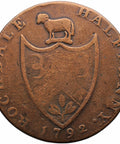 1792 Half Penny Token Lancashire Rochdale J. Kershaw United Kingdom seated weaver working