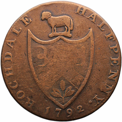 1792 Half Penny Token Lancashire Rochdale J. Kershaw United Kingdom seated weaver working
