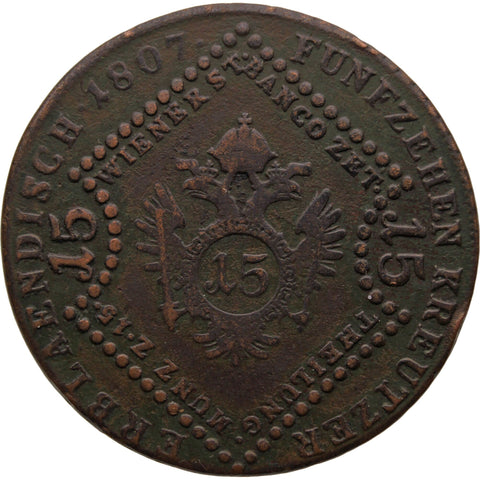 1807 B 15 Kreuzer Austria Habsburg Franz II Coin Kremnitz Mint