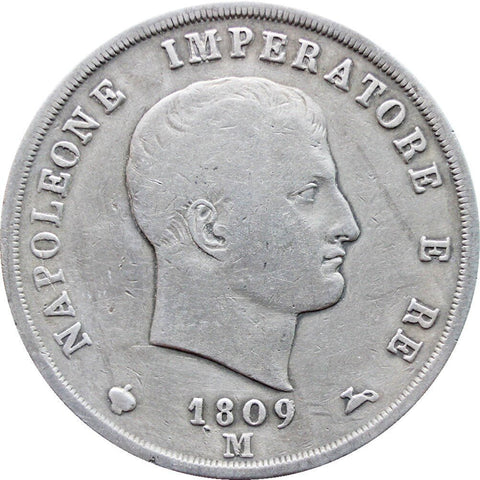 1809 5 Lire Italy Kingdom Napoleon Bonaparte Silver Coin