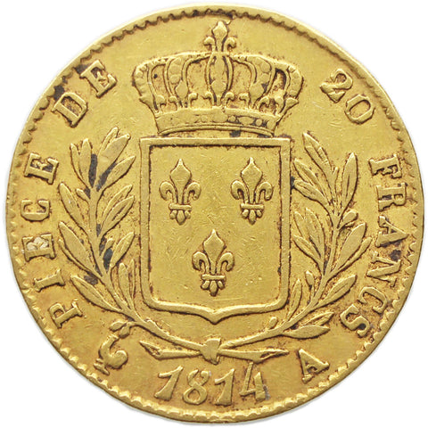 1814 A 20 Francs France Gold Coin Louis XVIII Paris Mint Dressed Bust
