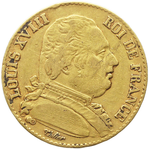 1814 A 20 Francs France Gold Coin Louis XVIII Paris Mint Dressed Bust