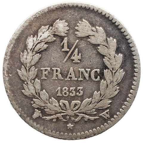 1833 W 1/4 Franc France Coin Louis - Philippe I Silver Lille Mint