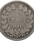 1841 B 1 Franc France Coin Louis - Philippe I Silver Rouen Mint