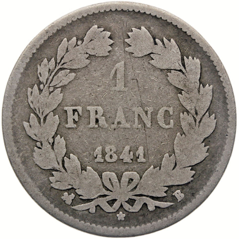 1841 B 1 Franc France Coin Louis - Philippe I Silver Rouen Mint