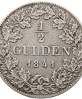 1841 Half Gulden Kingdom of Württemberg Germany Coin Wilhelm I Silver