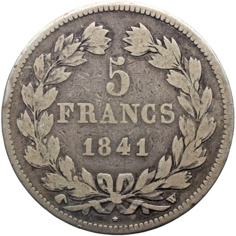1841 W 5 Francs France Coin Louis - Philippe I Silver Lille Mint