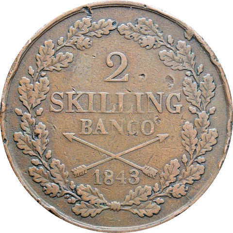 1843 2 Skilling Banco Sweden Carl XIV Johan Coin