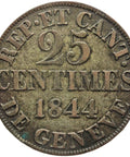 1844 25 Centimes Geneva Swiss cantons Switzerland Coin