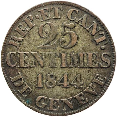 1844 25 Centimes Geneva Swiss cantons Switzerland Coin
