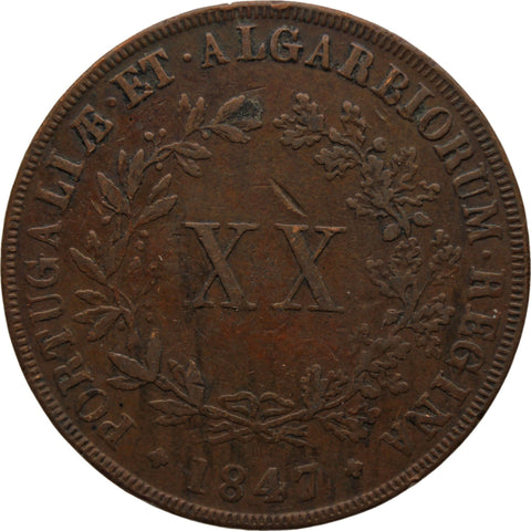 1847 20 Reis Portugal Coin Maria II