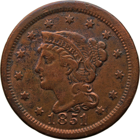 1851 One Cent United States Coin Braided Hair