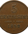 1852 V 5 Centesimi Lombardy Venetia Italy Coin Franz Joseph I Venice Mint