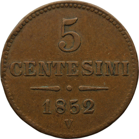 1852 V 5 Centesimi Lombardy Venetia Italy Coin Franz Joseph I Venice Mint