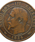1854 B 10 Centimes France Napoleon III Coin Rouen Mint