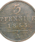 1855 3 Pfennige German states Waldeck - Pyrmont George Victor Coin Hannover Mint Germany