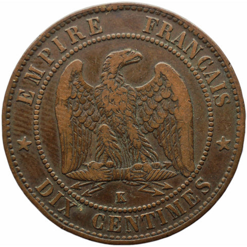 1855 K 10 Centimes France Napoleon III Coin Bordeaux Mint Anchor privy mark