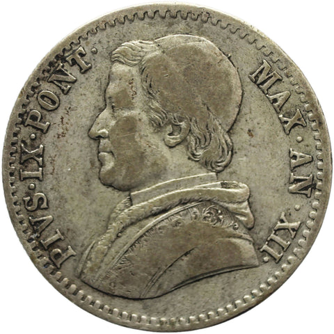 1858 20 Baiocchi Pio IX Papal States Silver Coin
