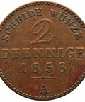 1858 A 2 Pfennige Grand duchy of Saxe - Weimar - Eisenach German Coin Carl Alexander