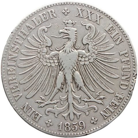 1859 Thaler City of Frankfurt 1 Vereinsthaler German States Coin Silver