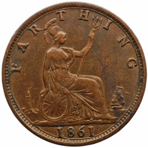 1861 Farthing Victoria Coin UK 2nd portrait 1st type