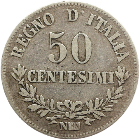 1863 50 Centesimi Italy Vittorio Emanuele II Silver Coin Naples Mint
