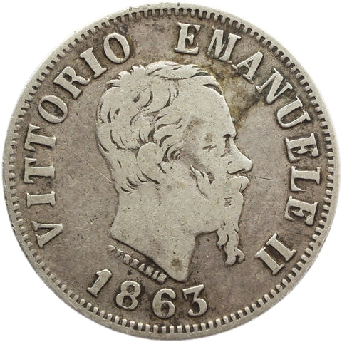1863 50 Centesimi Italy Vittorio Emanuele II Silver Coin Naples Mint
