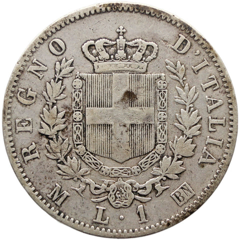 1863 Lira Italy Vittorio Emanuele II Silver Coin Milan Mint