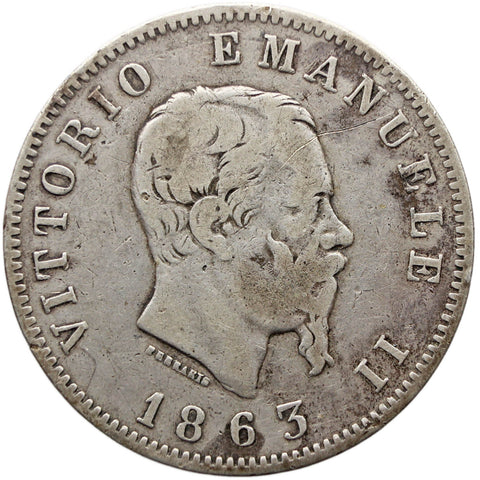 1863 Lira Italy Vittorio Emanuele II Silver Coin Milan Mint