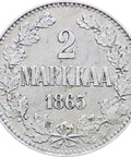 1865 2 Markkaa Finland Alexander II Coin Silver