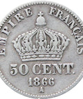 1866 50 Centimes France Napoleon III Coin Silver