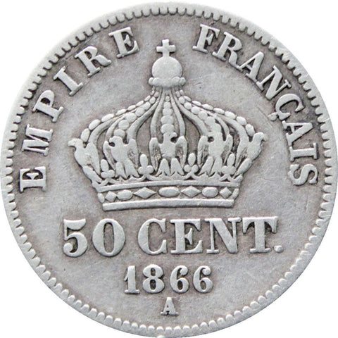 1866 50 Centimes France Napoleon III Coin Silver