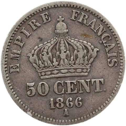 1866 50 Centimes France Napoleon III Coin Silver