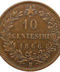 1866 H 10 Centesimi Italy Coin Vittorio Emanuele II Heaton's Mint