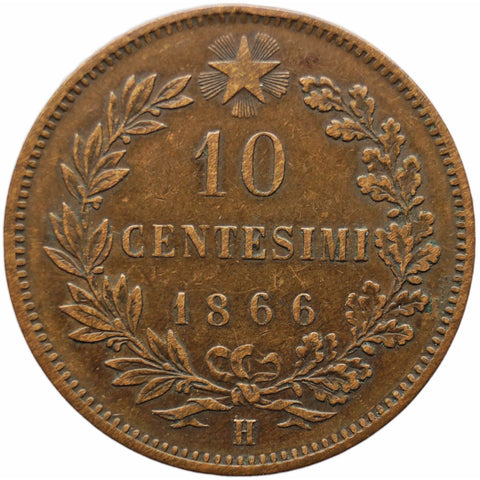 1866 H 10 Centesimi Italy Coin Vittorio Emanuele II Heaton's Mint
