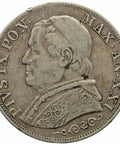 1866 Italy States Papal One Lira Pius IX Silver Coin
