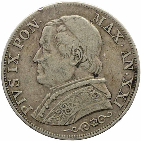 1866 Italy States Papal One Lira Pius IX Silver Coin
