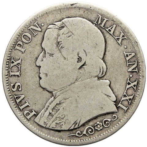 1866 Italy States Papal One Lira Pius IX Silver Coin