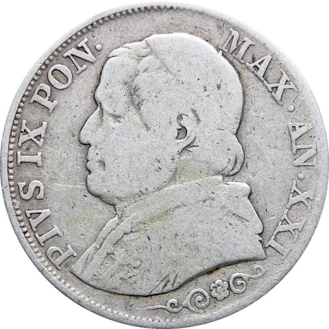 1866 Italy States Papal One Lira Pius IX Silver Coin