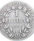 1866 Italy States Papal One Lira Pius IX Silver Coin