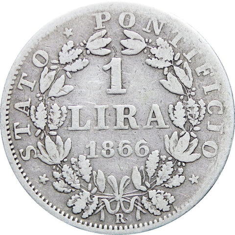 1866 Italy States Papal One Lira Pius IX Silver Coin
