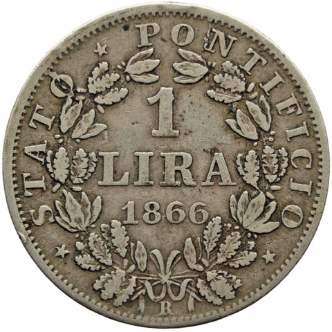 1866 Italy States Papal One Lira Pius IX Silver Coin