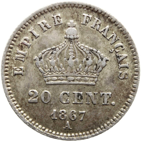 1867 20 Centimes France Coin Silver Napoleon III