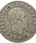 1867 50 Centesimi Italy Vittorio Emanuele II Silver Coin Naples Mint
