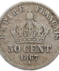 1867 50 Centimes France Coin Napoleon III Silver Paris Mint