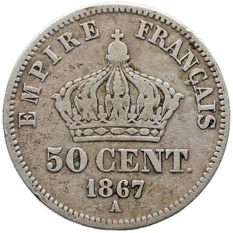 1867 50 Centimes France Coin Napoleon III Silver Paris Mint
