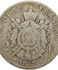 1867 A 2 Francs France Coin Napoleon III Silver Paris Mint