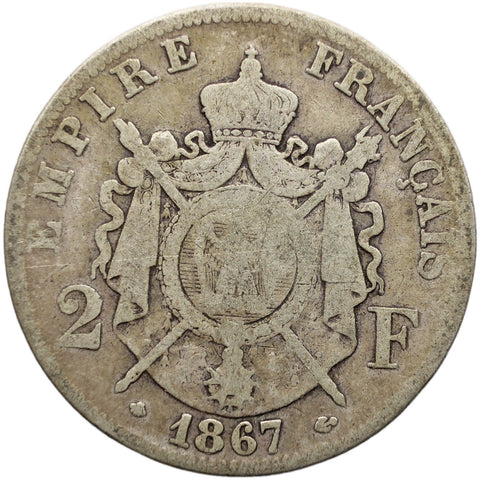 1867 A 2 Francs France Coin Napoleon III Silver Paris Mint