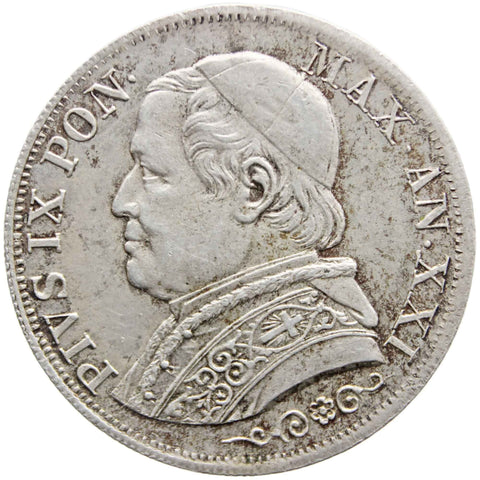 1867 Italy States Papal One Lira Pius IX Silver Coin XXI