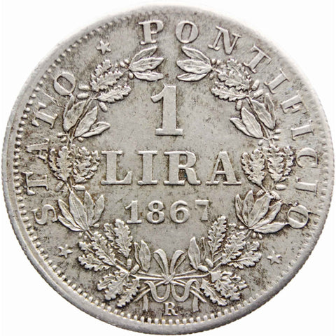 1867 Italy States Papal One Lira Pius IX Silver Coin XXI